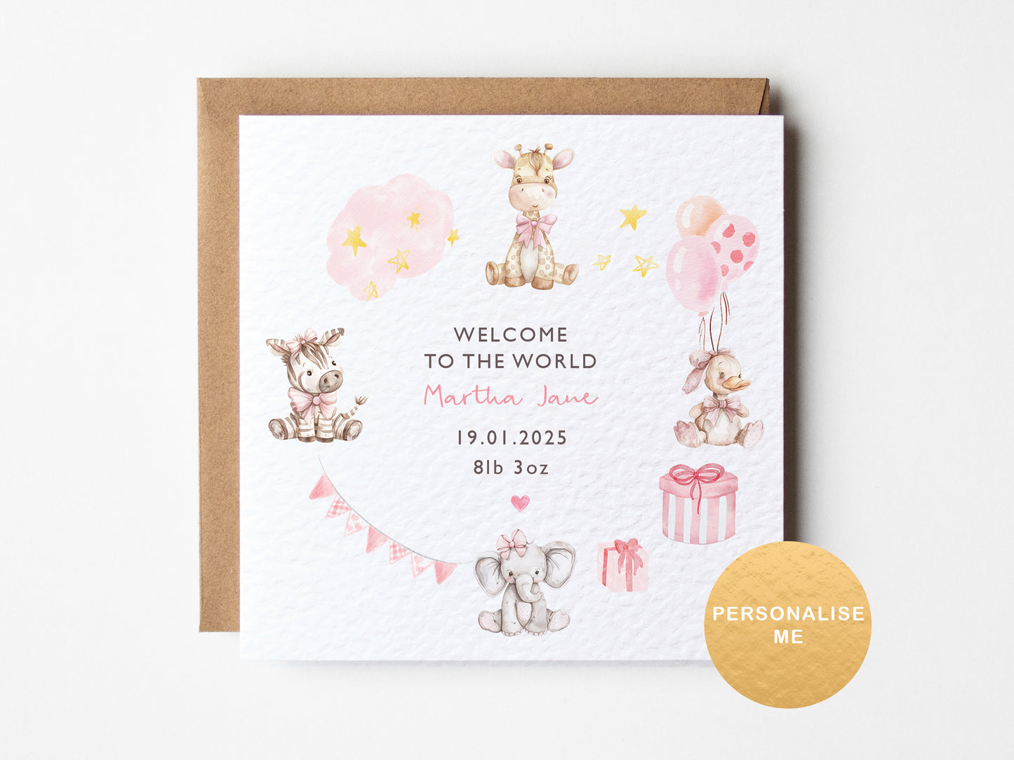 Newborn baby card with illustrations of animals and text on a white background